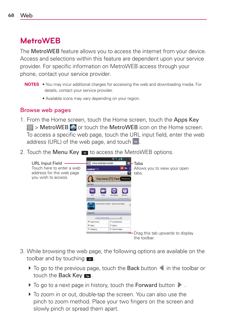 Metroweb, Browse web pages | LG LGMS870 User Manual | Page 70 / 210