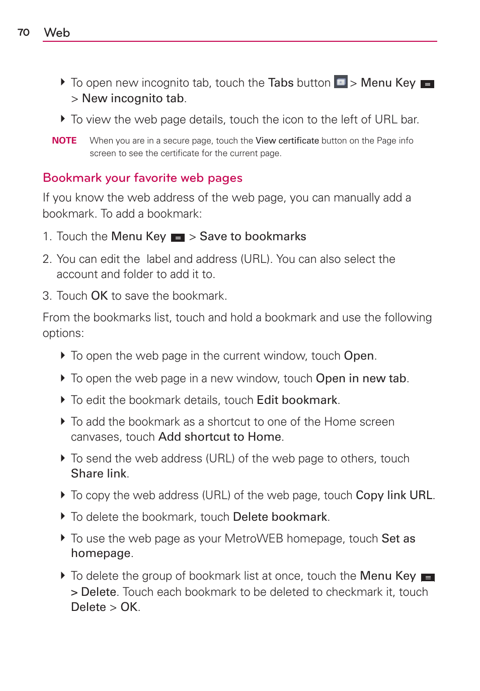 Bookmark your favorite web pages | LG LGMS870 User Manual | Page 72 / 210