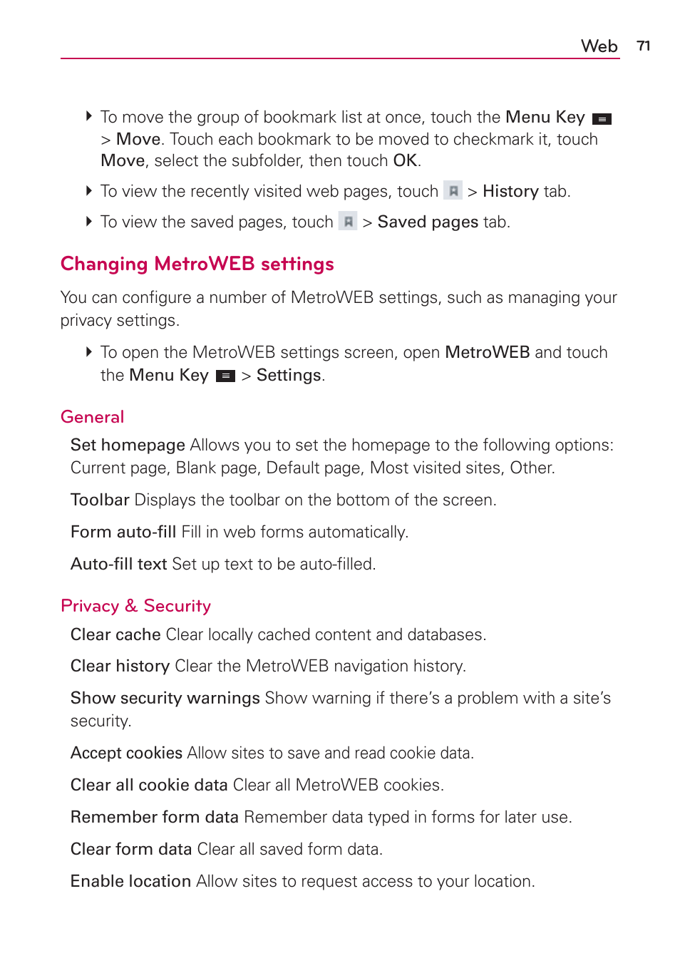 Changing metroweb settings | LG LGMS870 User Manual | Page 73 / 210