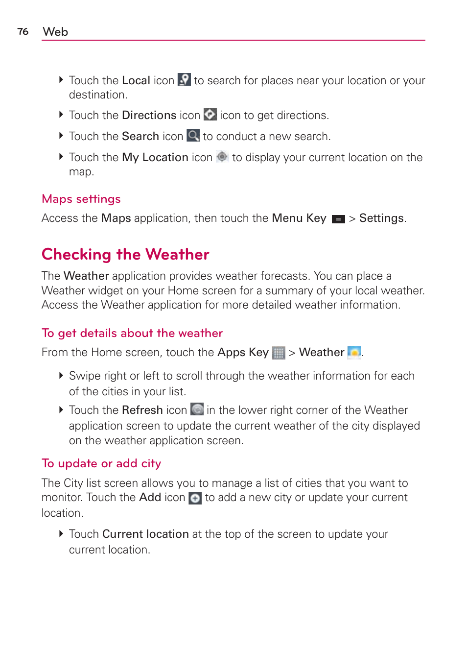 Checking the weather | LG LGMS870 User Manual | Page 78 / 210