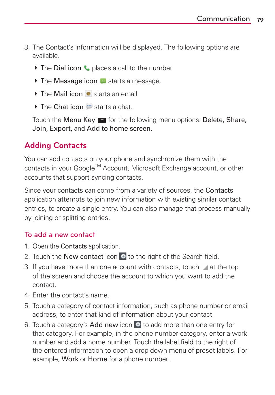 Adding contacts | LG LGMS870 User Manual | Page 81 / 210