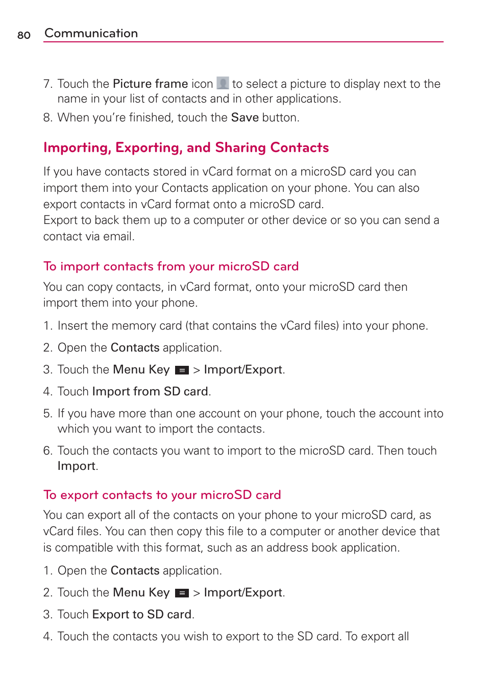 Importing, exporting, and sharing contacts | LG LGMS870 User Manual | Page 82 / 210