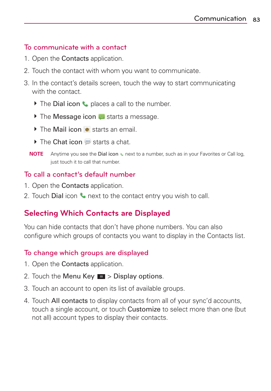 Selecting which contacts are displayed | LG LGMS870 User Manual | Page 85 / 210