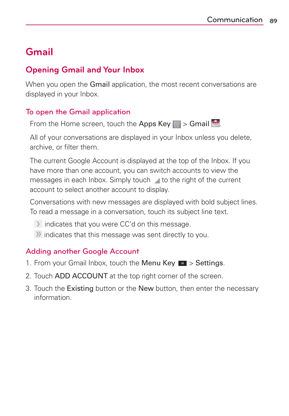 Gmail, Opening gmail and your inbox | LG LGMS870 User Manual | Page 91 / 210