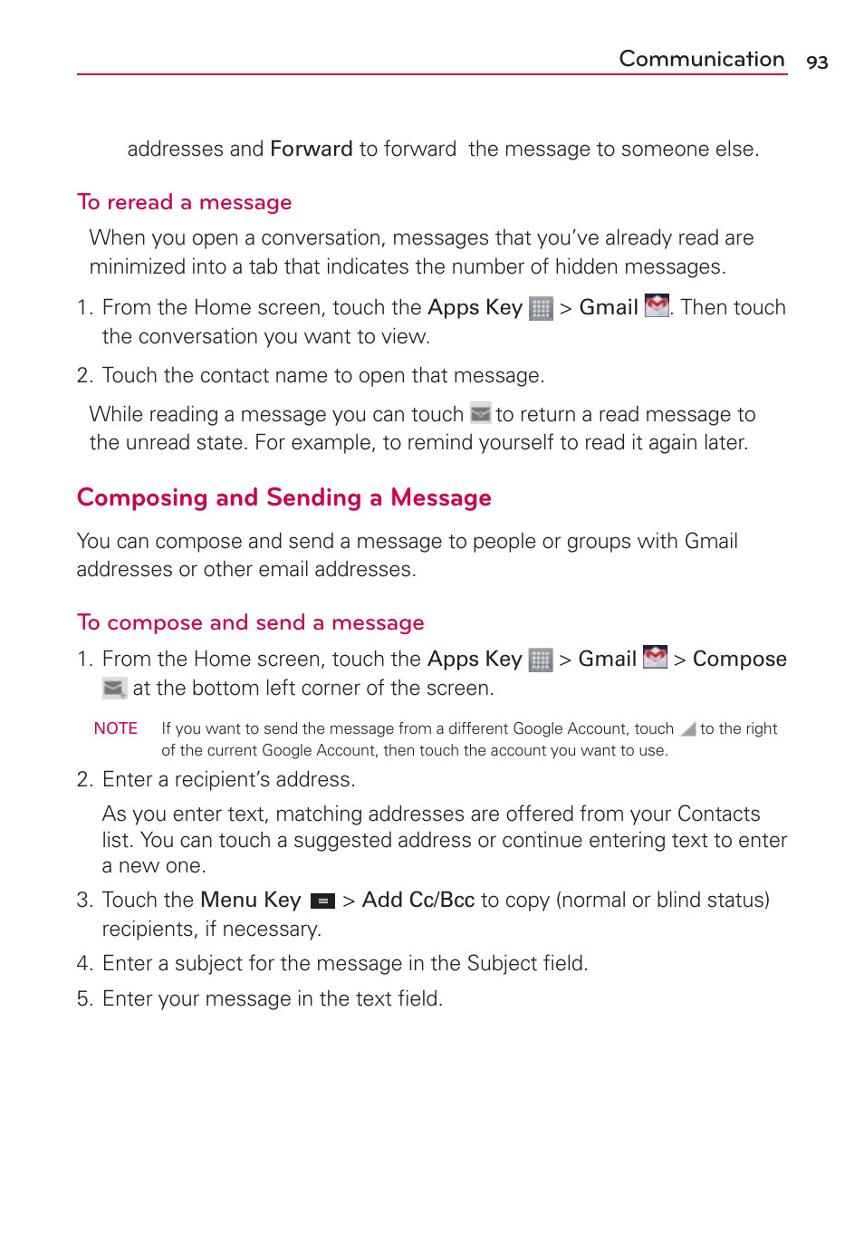 Composing and sending a message, Communication | LG LGMS870 User Manual | Page 95 / 210