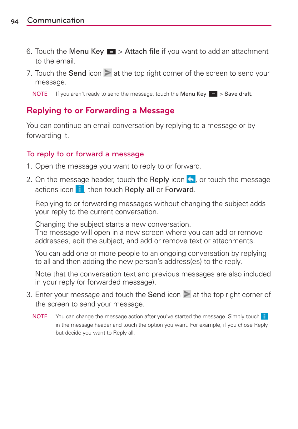 Replying to or forwarding a message, Communication | LG LGMS870 User Manual | Page 96 / 210