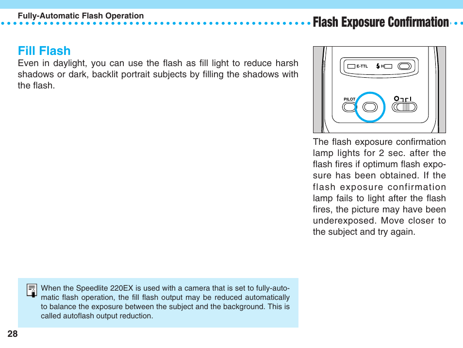 Fill flash, Flash exposure confirmation | Canon 220 EX User Manual | Page 28 / 44