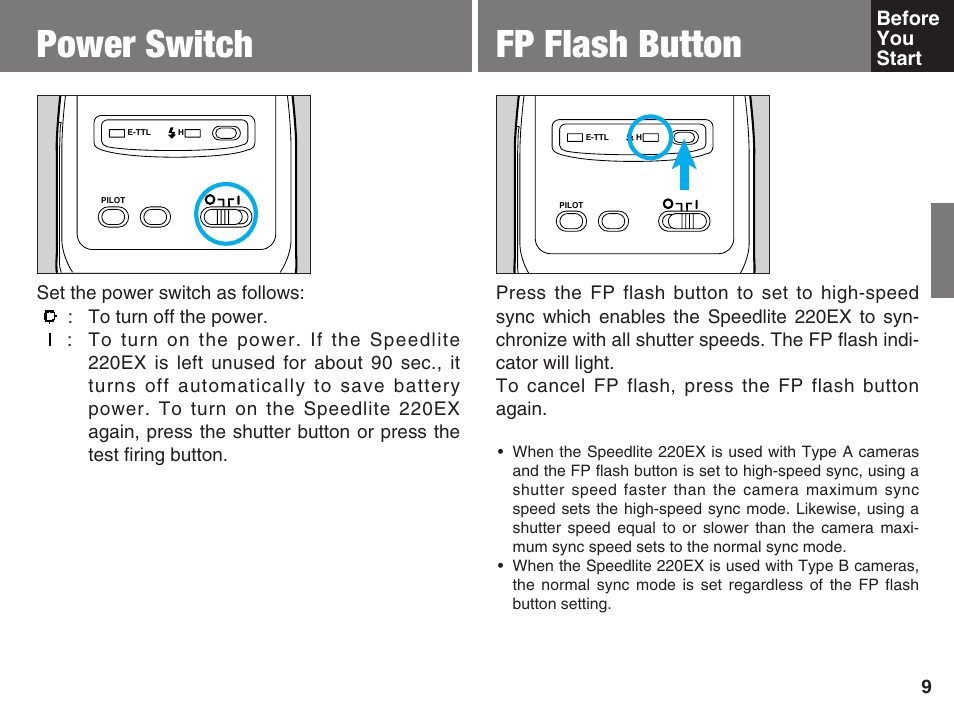 Power switch, Fp flash button | Canon 220 EX User Manual | Page 9 / 44