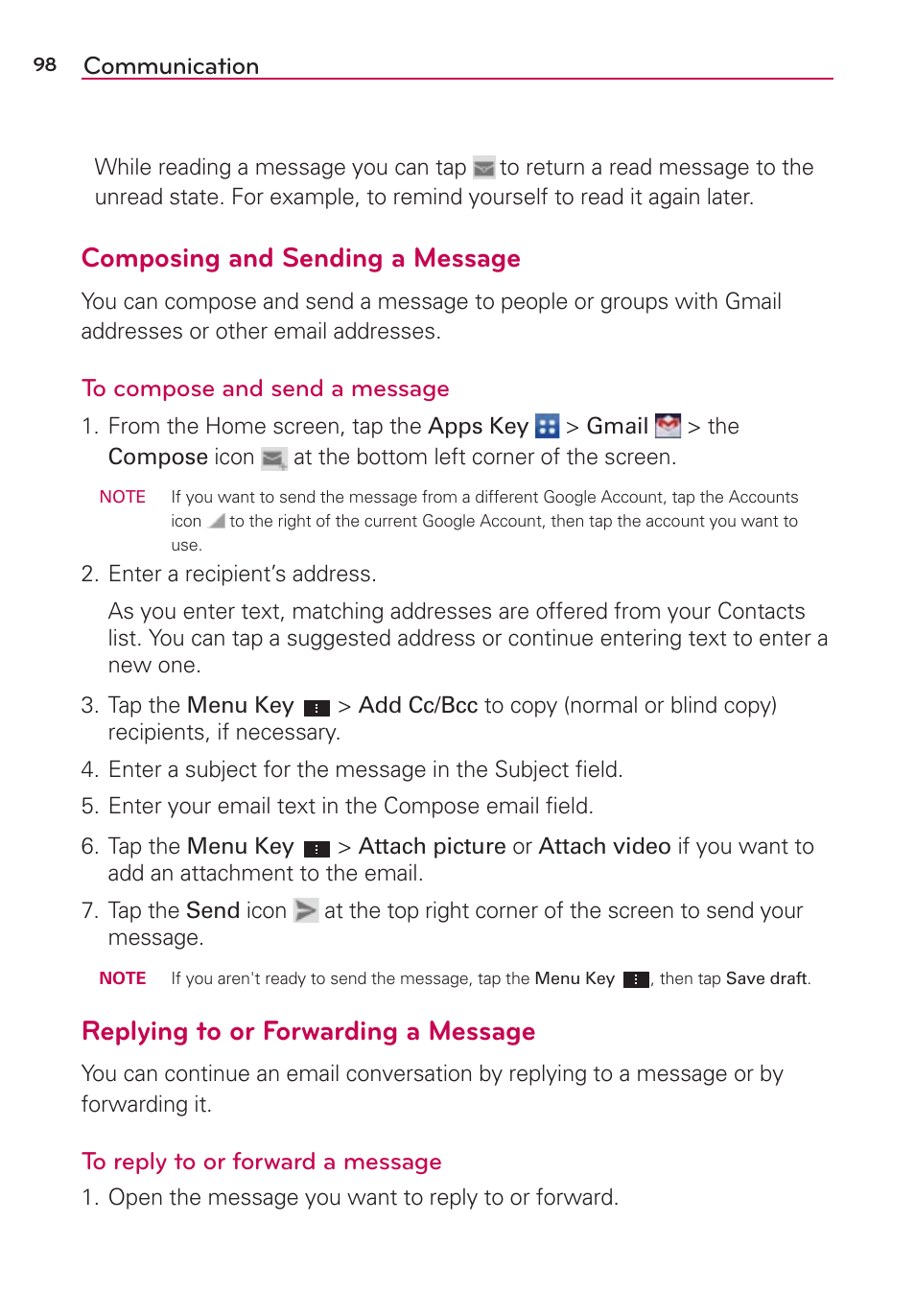 Composing and sending a message, Replying to or forwarding a message, Communication | LG LGVS870 User Manual | Page 100 / 223