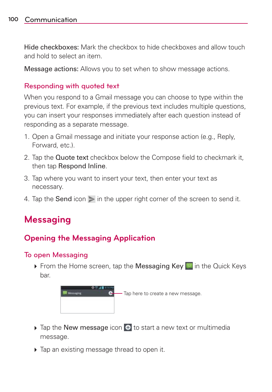 Messaging, Opening the messaging application | LG LGVS870 User Manual | Page 102 / 223