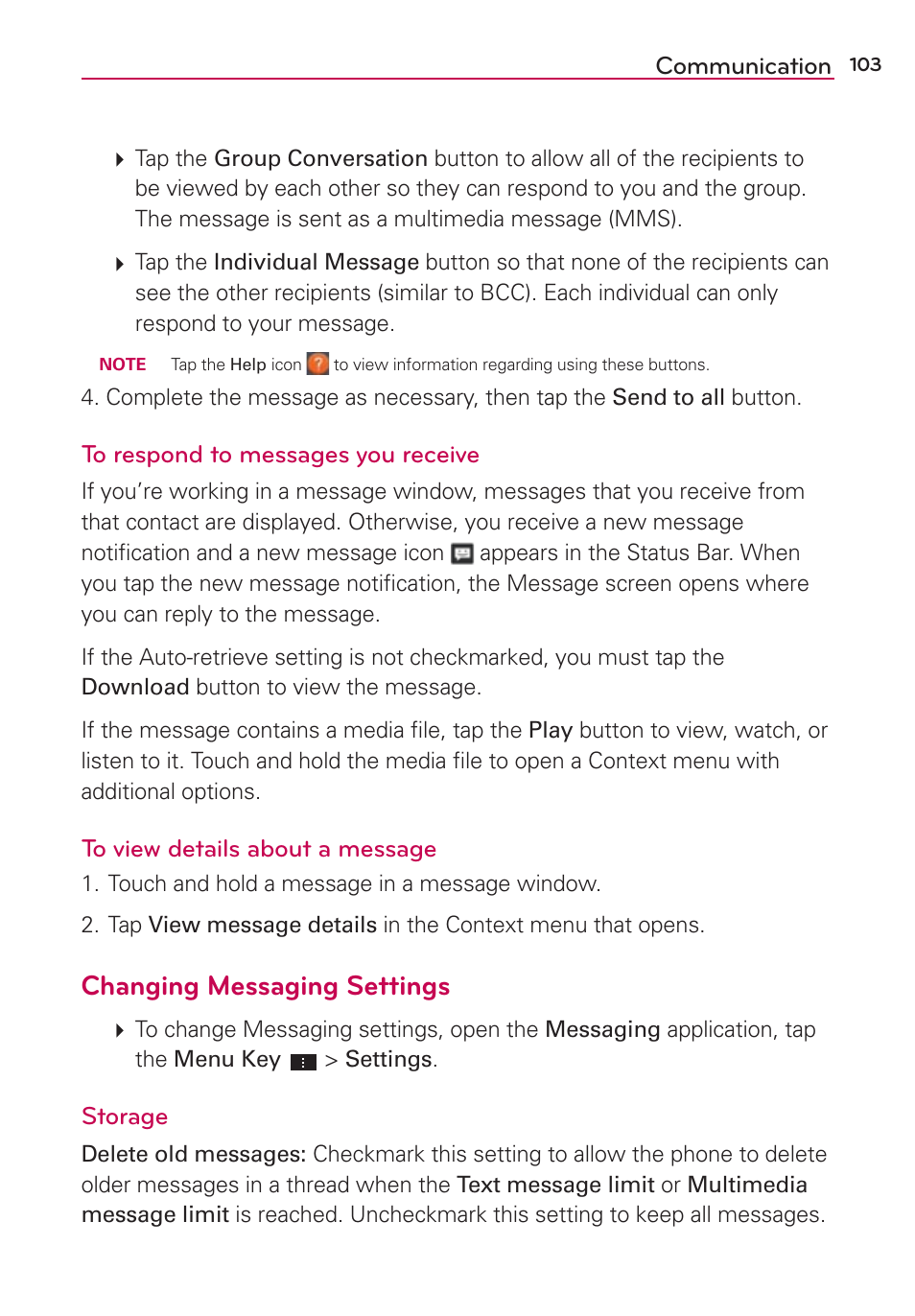 Changing messaging settings | LG LGVS870 User Manual | Page 105 / 223