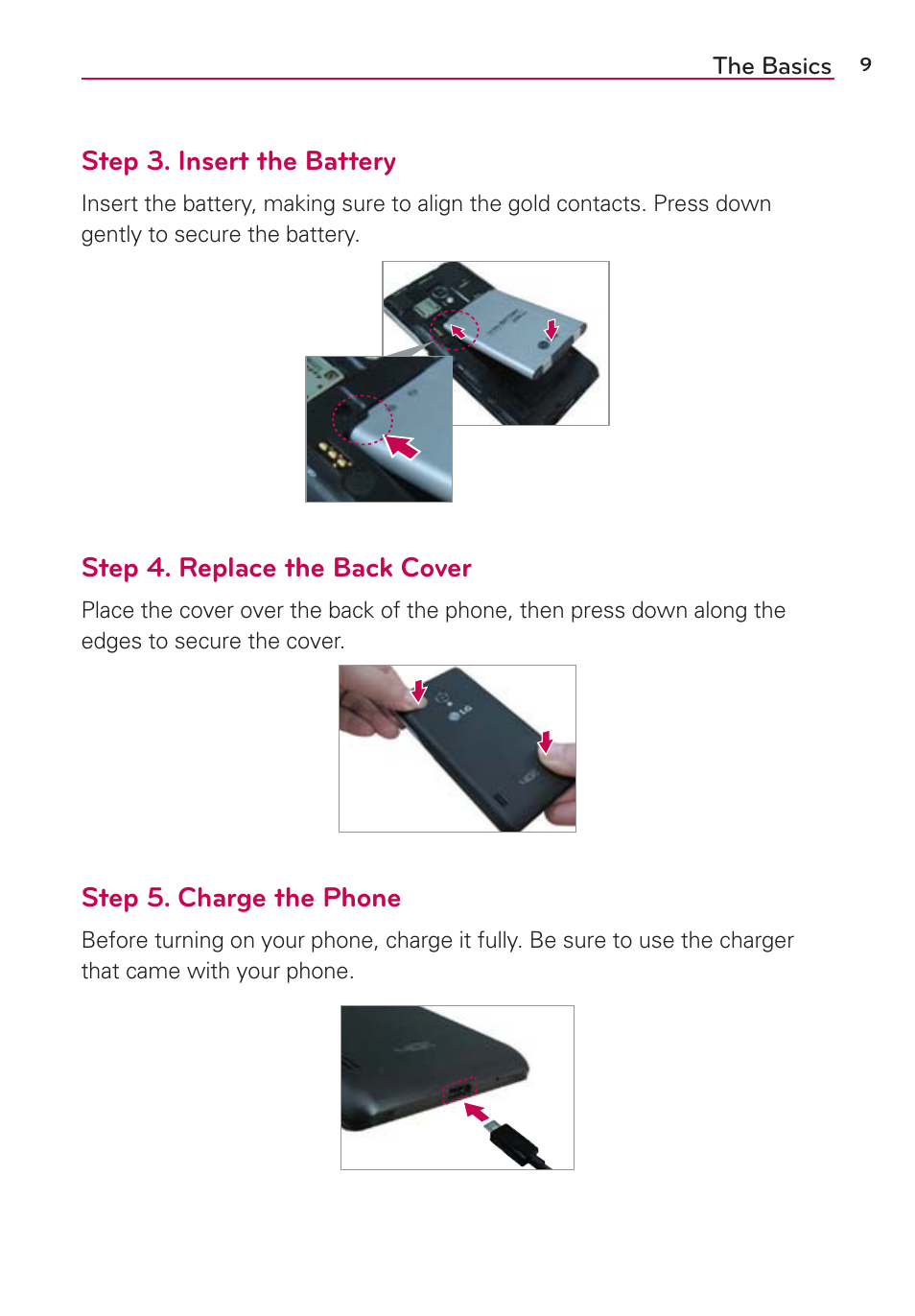 Step 3. insert the battery, Step 4. replace the back cover, Step 5. charge the phone | LG LGVS870 User Manual | Page 11 / 223