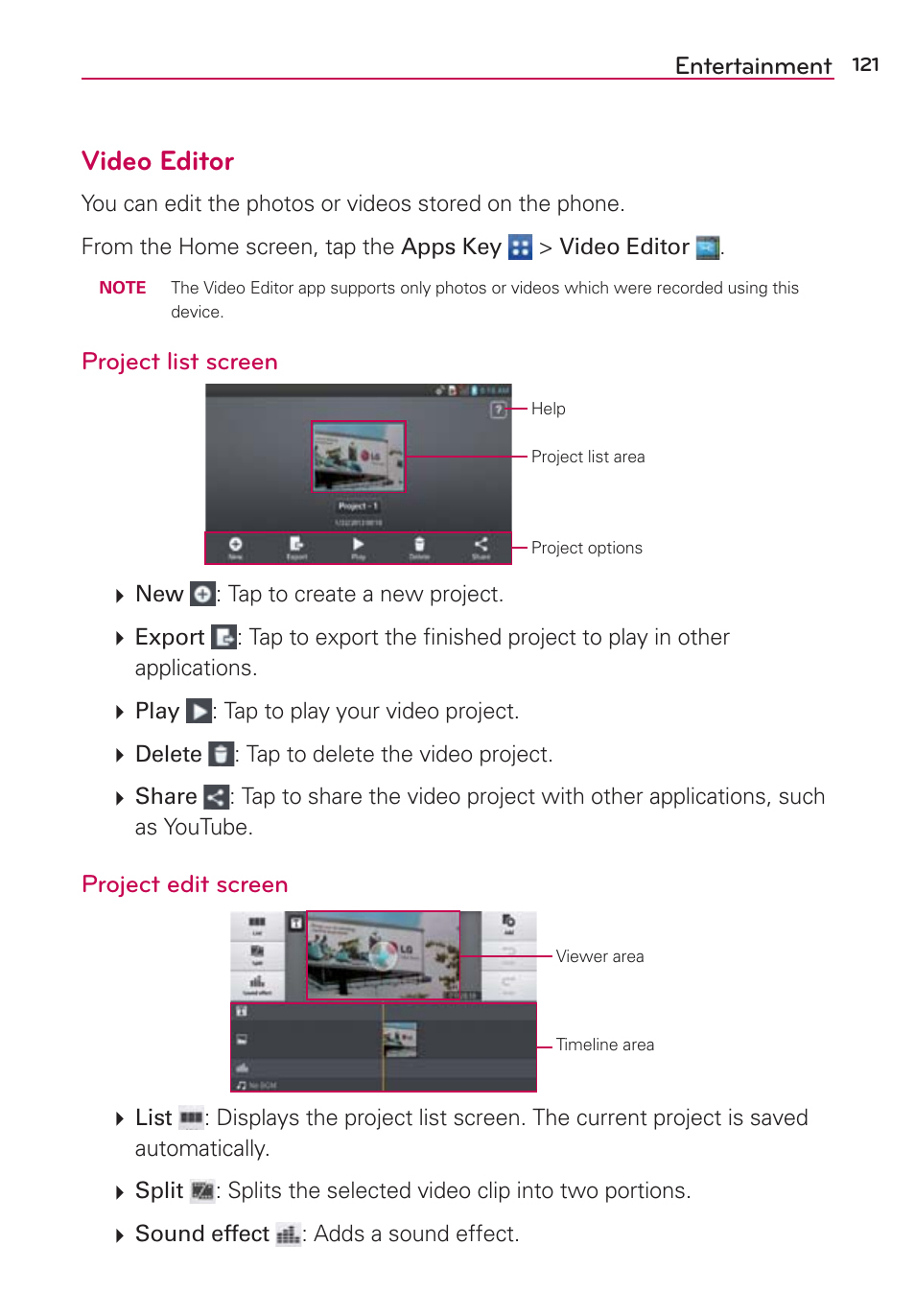 Video editor, Entertainment, Project list screen | Project edit screen | LG LGVS870 User Manual | Page 123 / 223