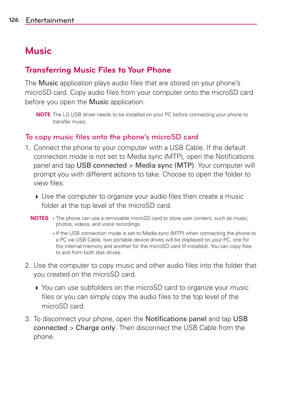 Music, Transferring music files to your phone, Entertainment | LG LGVS870 User Manual | Page 128 / 223