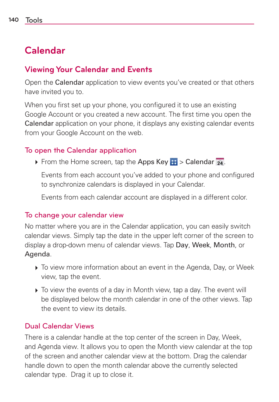 Tools, Calendar, Viewing your calendar and events | LG LGVS870 User Manual | Page 142 / 223