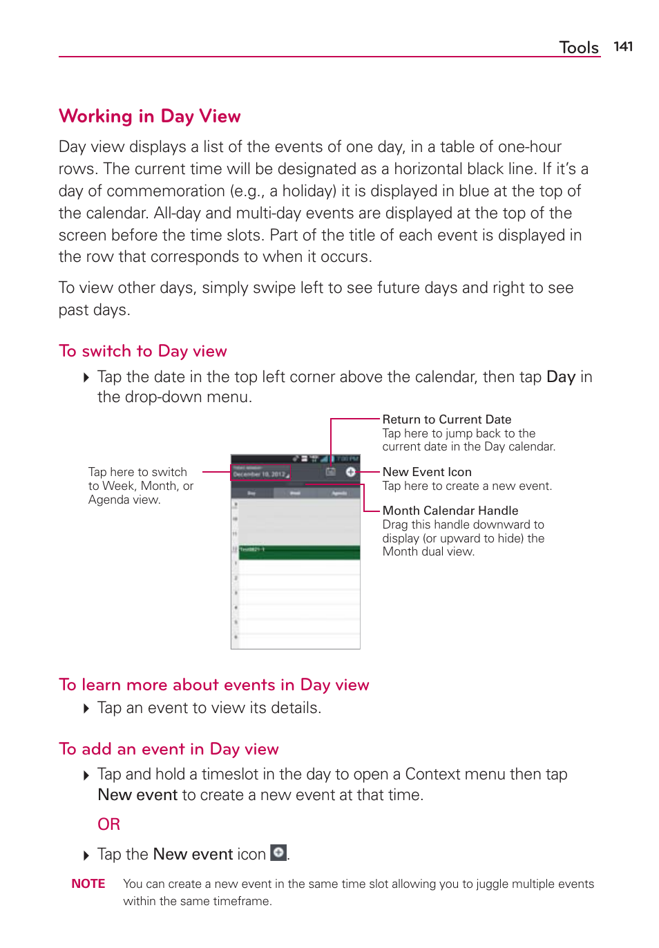 Working in day view, Tools | LG LGVS870 User Manual | Page 143 / 223