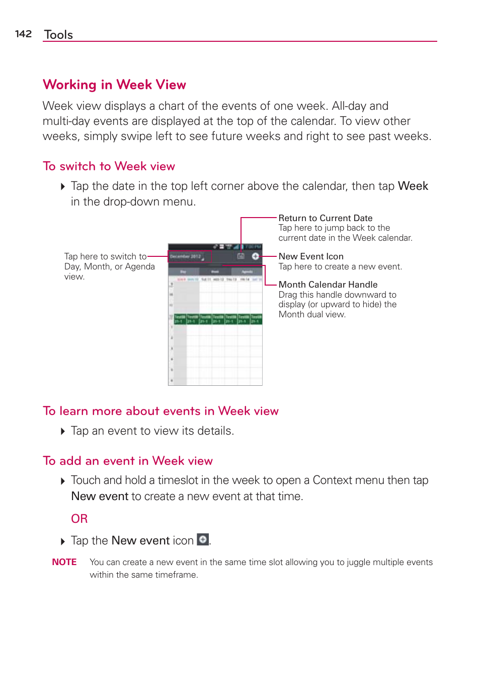 Working in week view, Tools | LG LGVS870 User Manual | Page 144 / 223