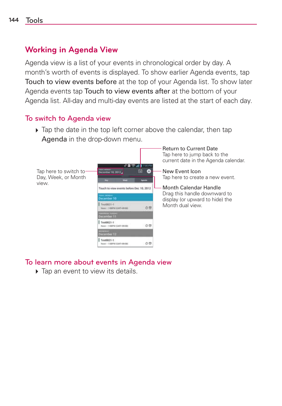 Working in agenda view, Tools | LG LGVS870 User Manual | Page 146 / 223