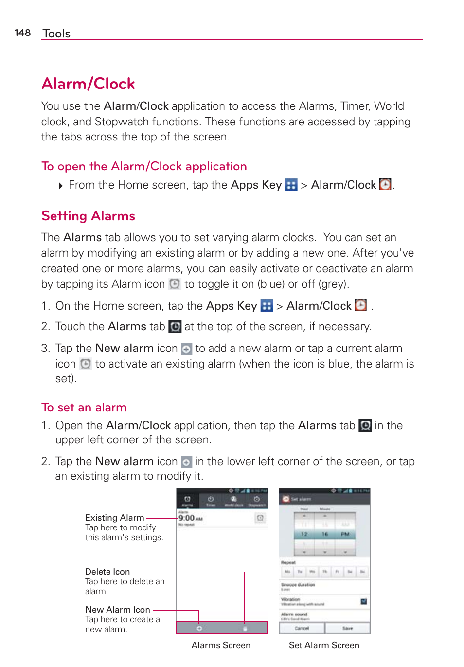 Alarm/clock, Setting alarms | LG LGVS870 User Manual | Page 150 / 223