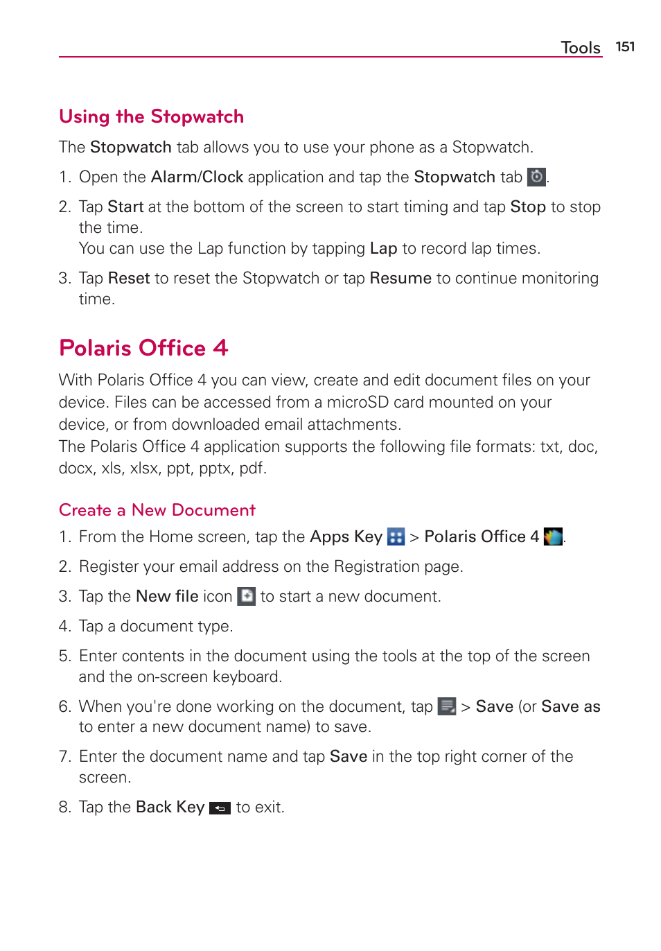 Polaris office 4, Polaris ofﬁce 4, Using the stopwatch | LG LGVS870 User Manual | Page 153 / 223
