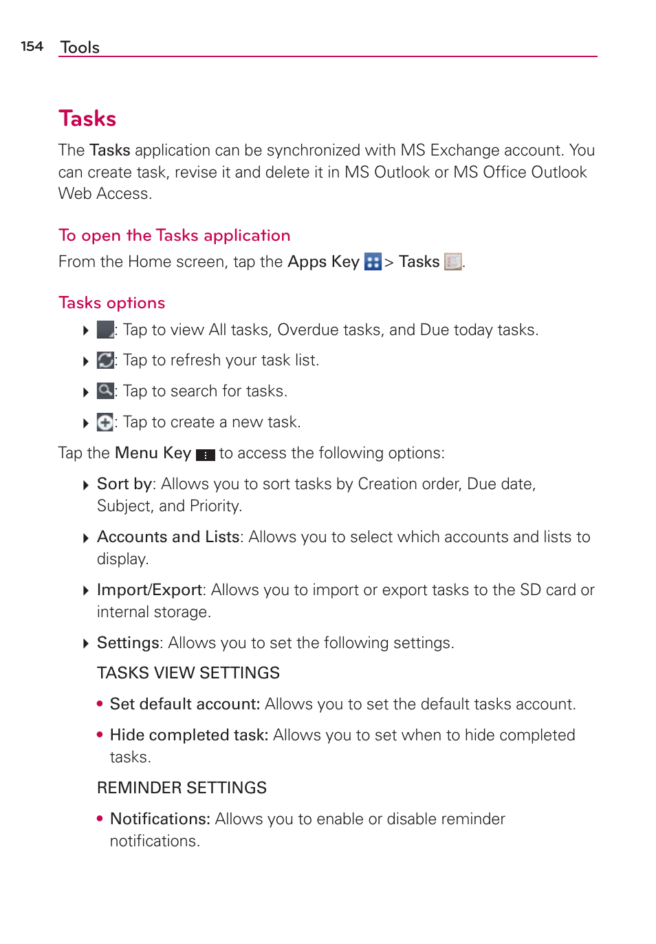 Tasks | LG LGVS870 User Manual | Page 156 / 223