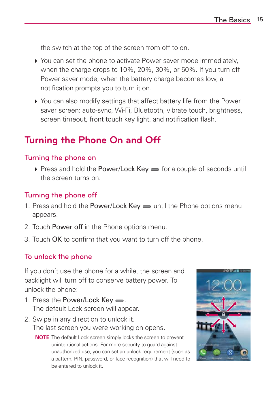 Turning the phone on and off | LG LGVS870 User Manual | Page 17 / 223