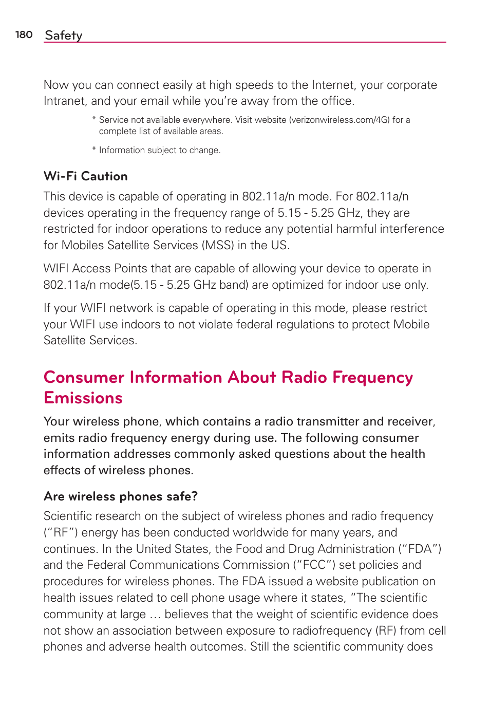 Safety, Wi-fi caution, Are wireless phones safe | LG LGVS870 User Manual | Page 182 / 223