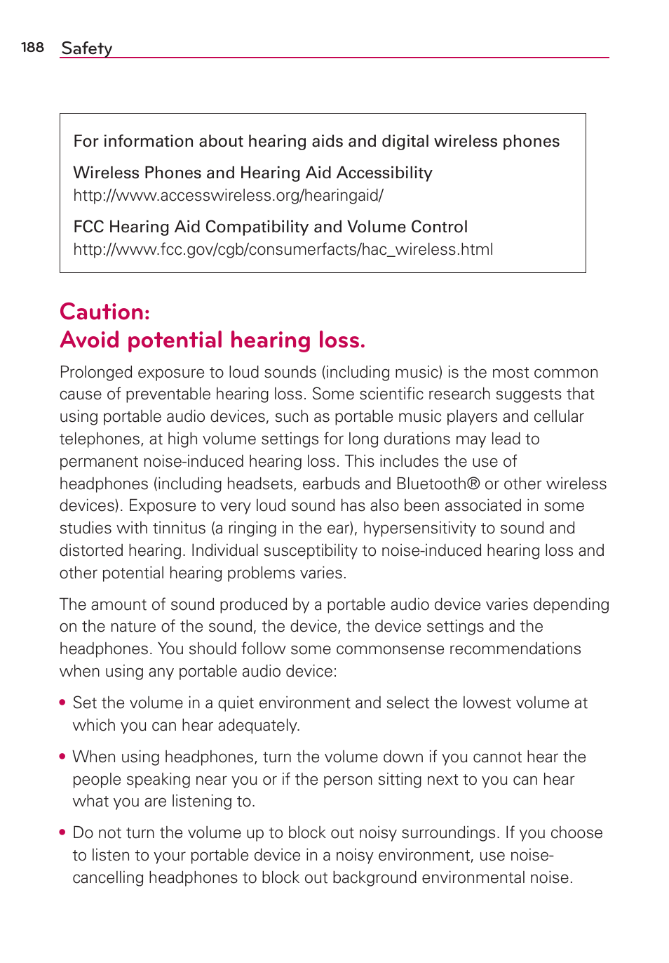 Caution: avoid potential hearing loss | LG LGVS870 User Manual | Page 190 / 223