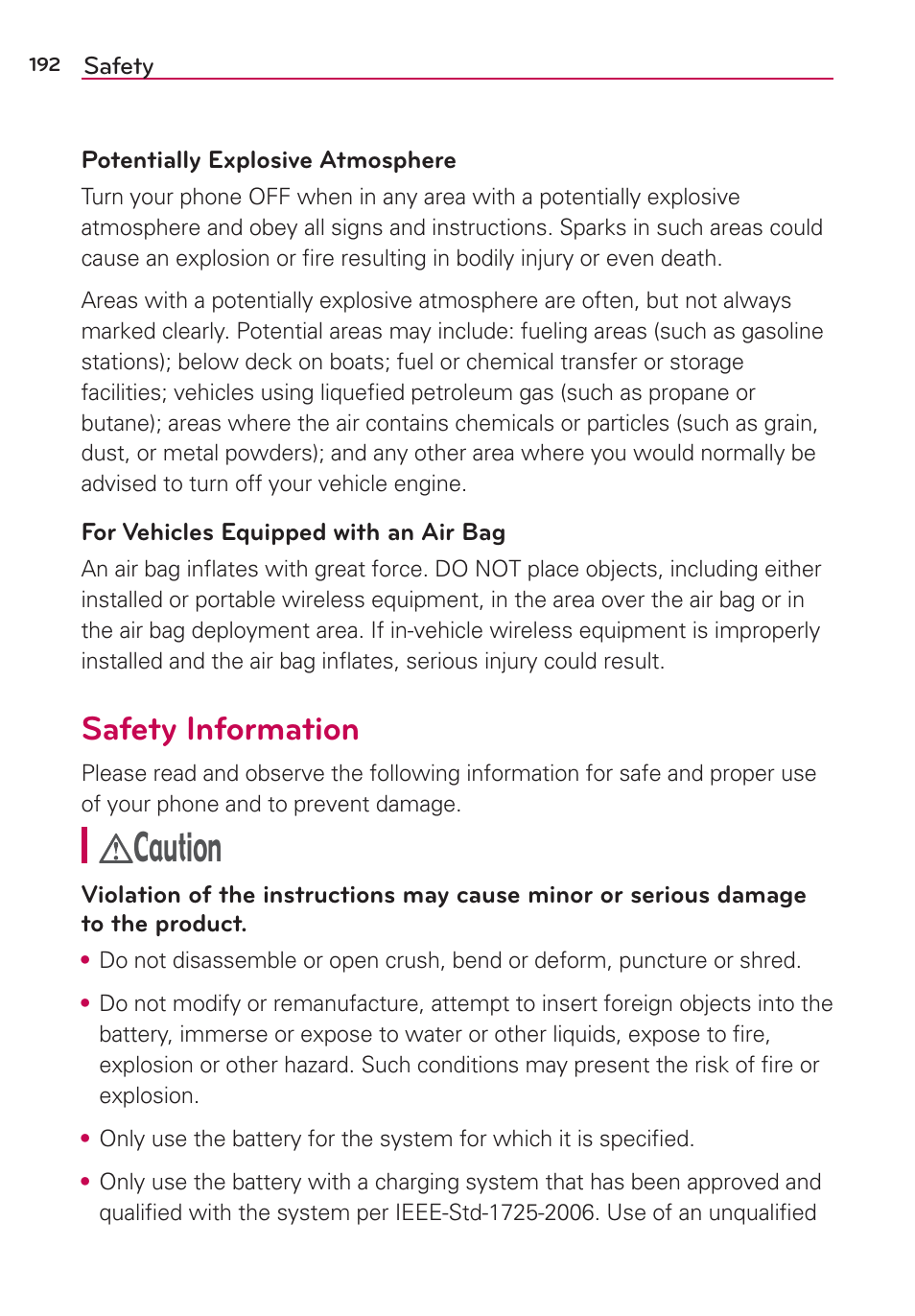 Safety information, Caution | LG LGVS870 User Manual | Page 194 / 223
