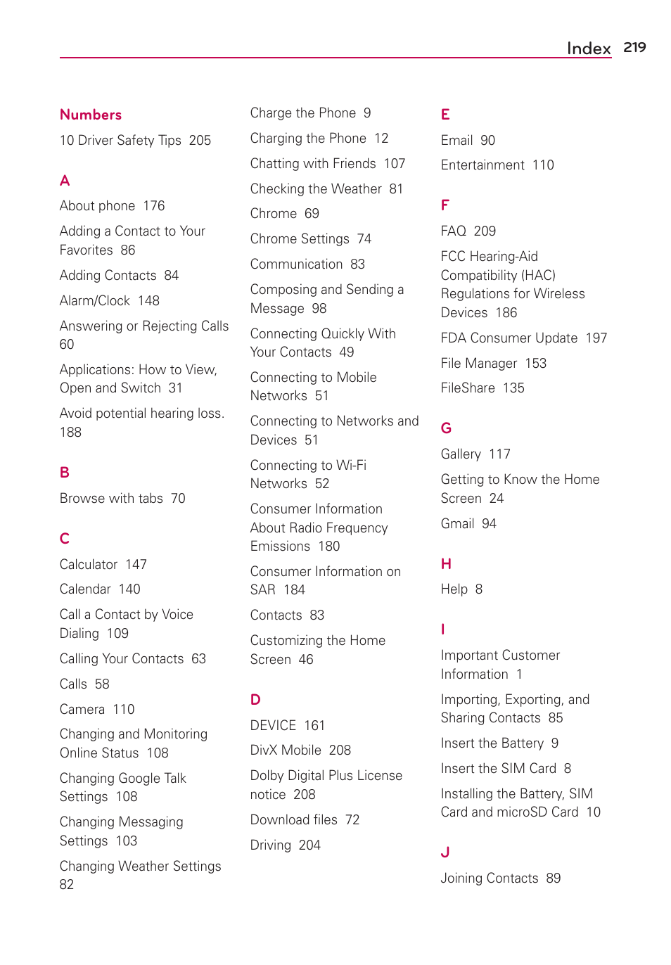 Index | LG LGVS870 User Manual | Page 221 / 223