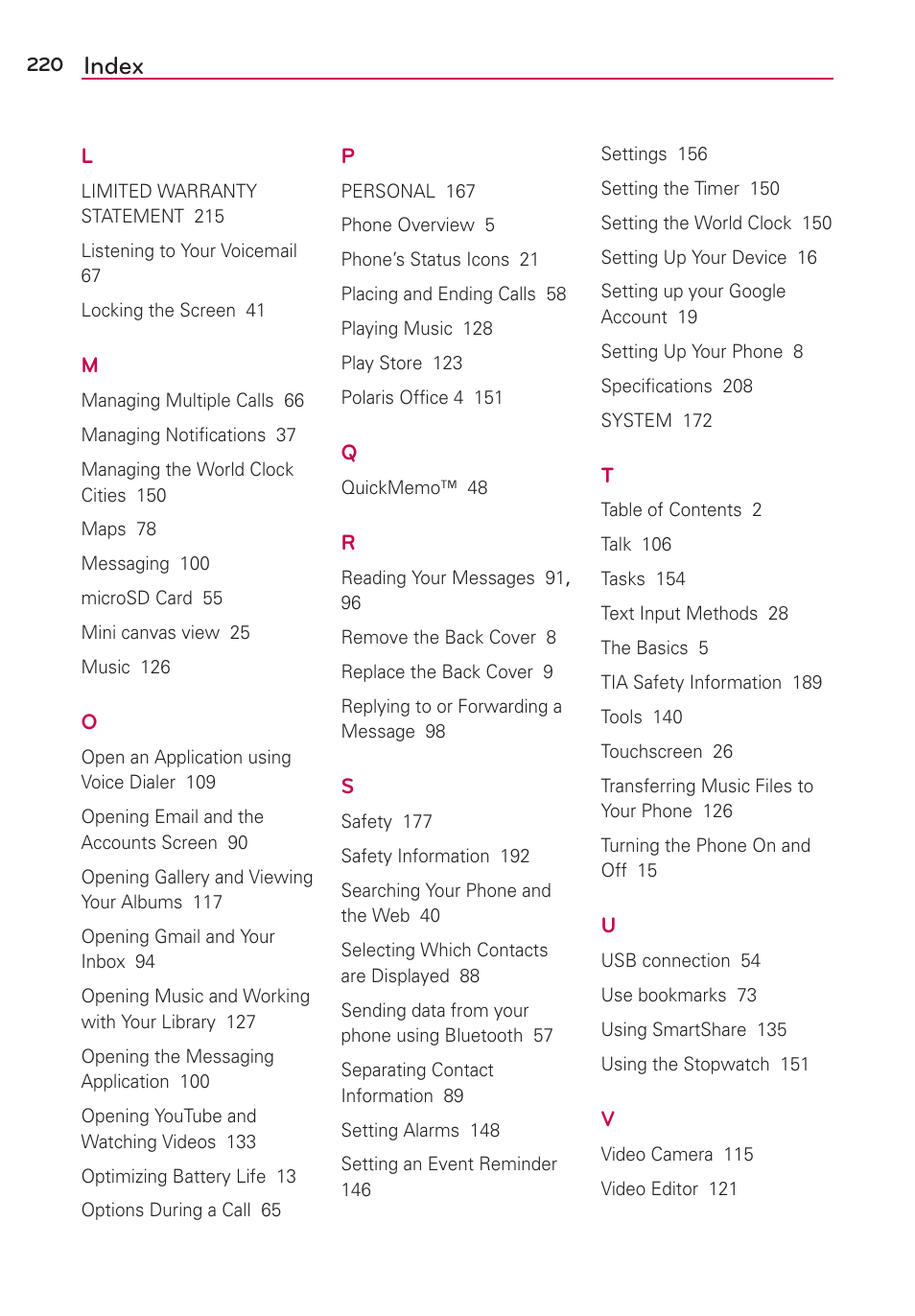Index | LG LGVS870 User Manual | Page 222 / 223
