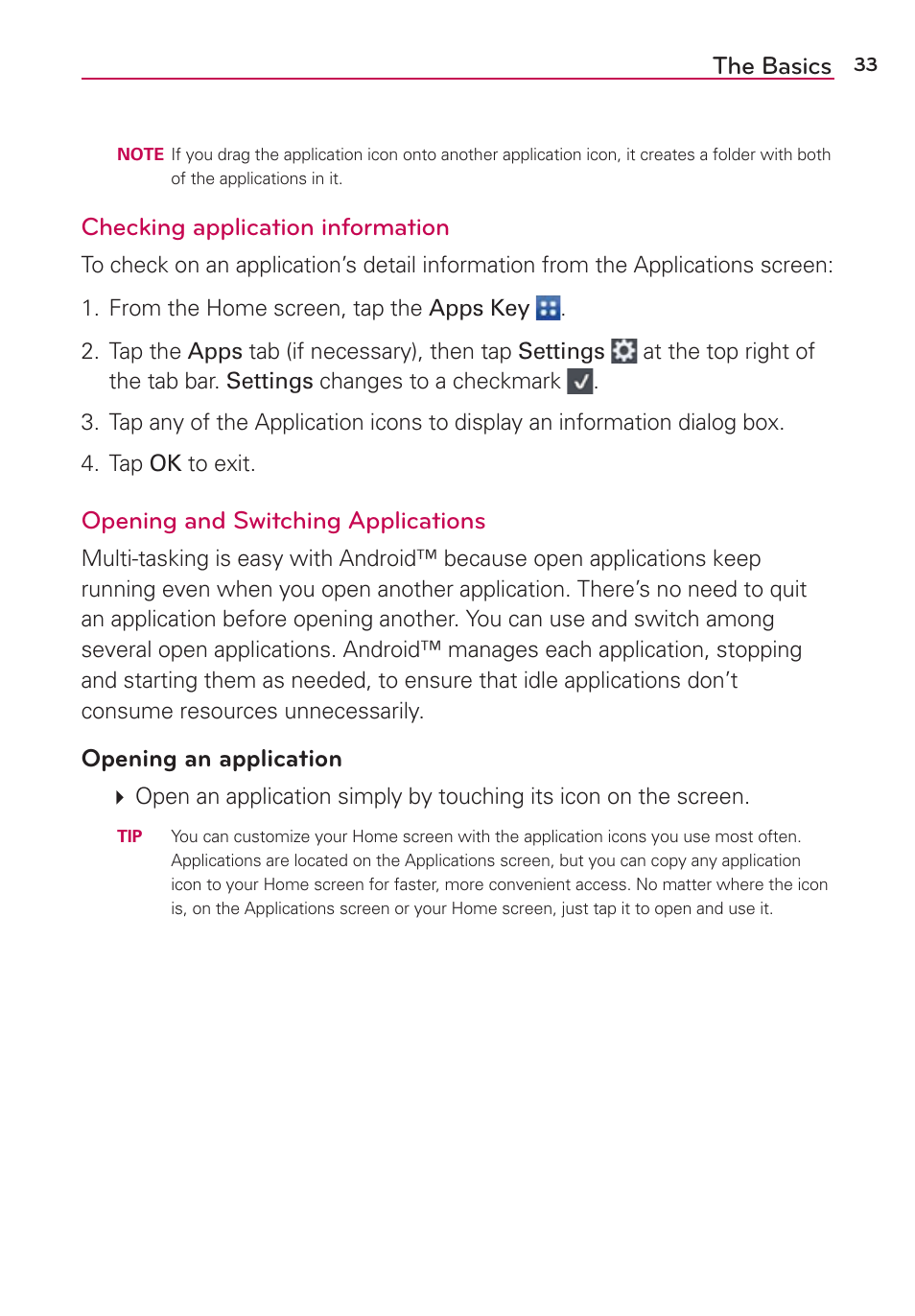 The basics, Checking application information, Opening and switching applications | Opening an application | LG LGVS870 User Manual | Page 35 / 223