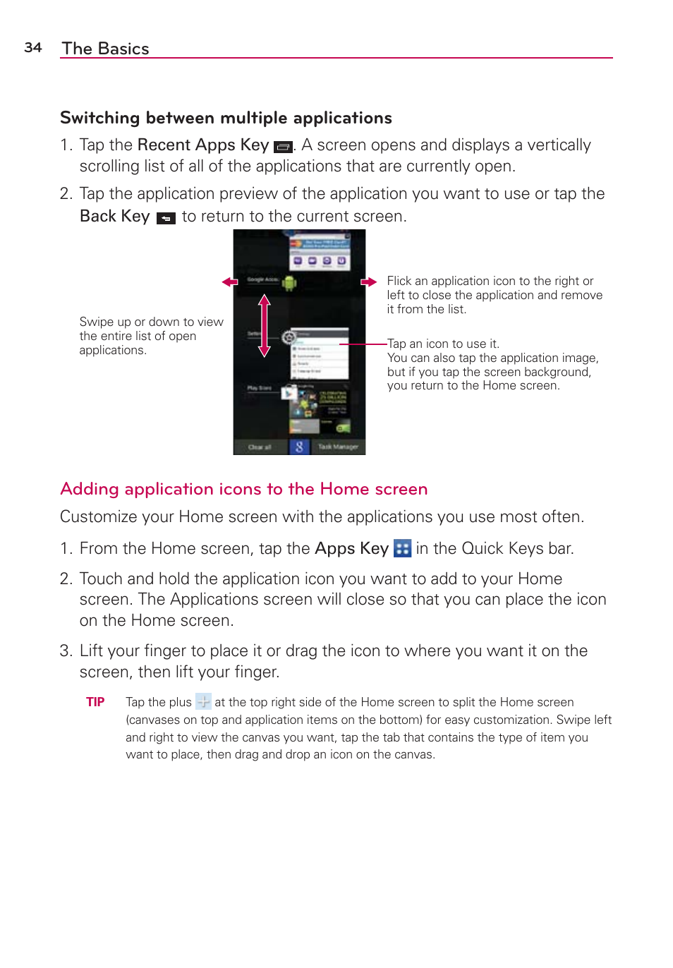 The basics switching between multiple applications, Adding application icons to the home screen | LG LGVS870 User Manual | Page 36 / 223