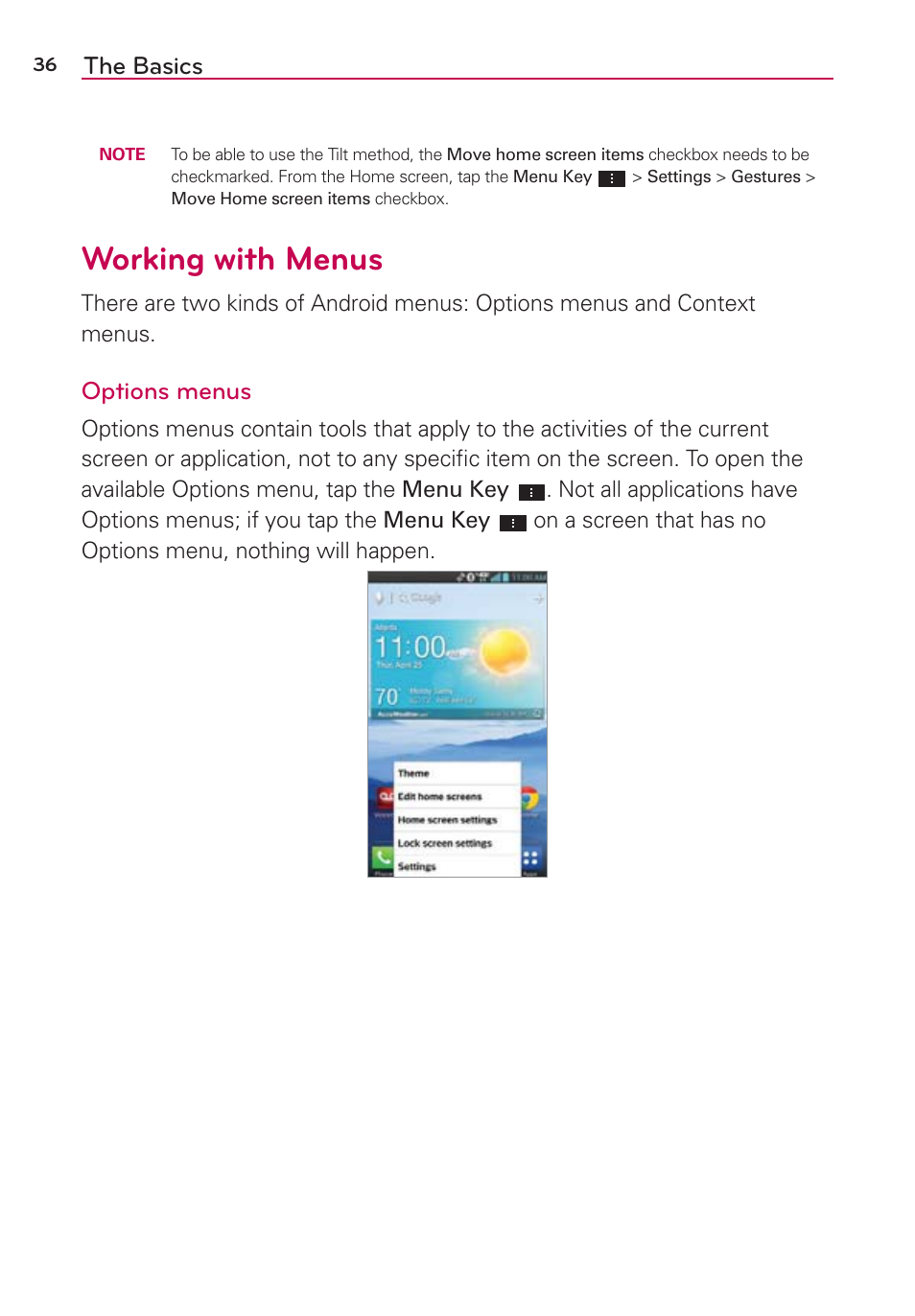 Working with menus, The basics, Options menus | LG LGVS870 User Manual | Page 38 / 223