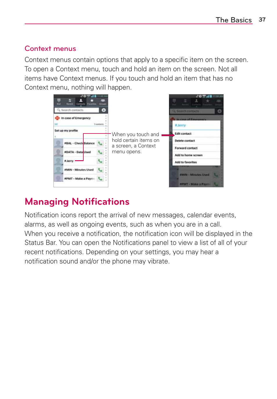 Managing notifications, Managing notiﬁcations | LG LGVS870 User Manual | Page 39 / 223