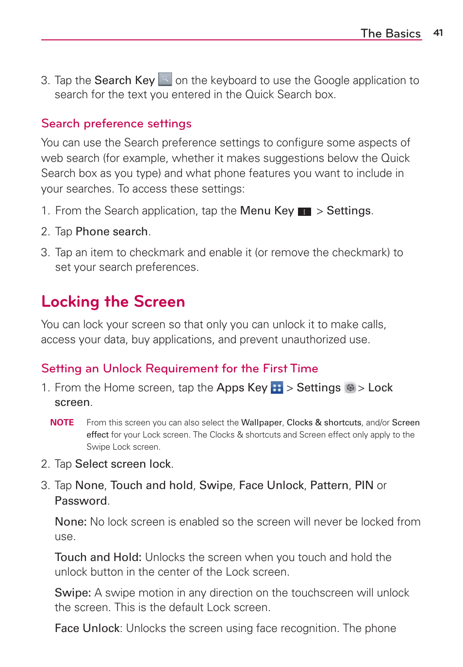 Locking the screen | LG LGVS870 User Manual | Page 43 / 223