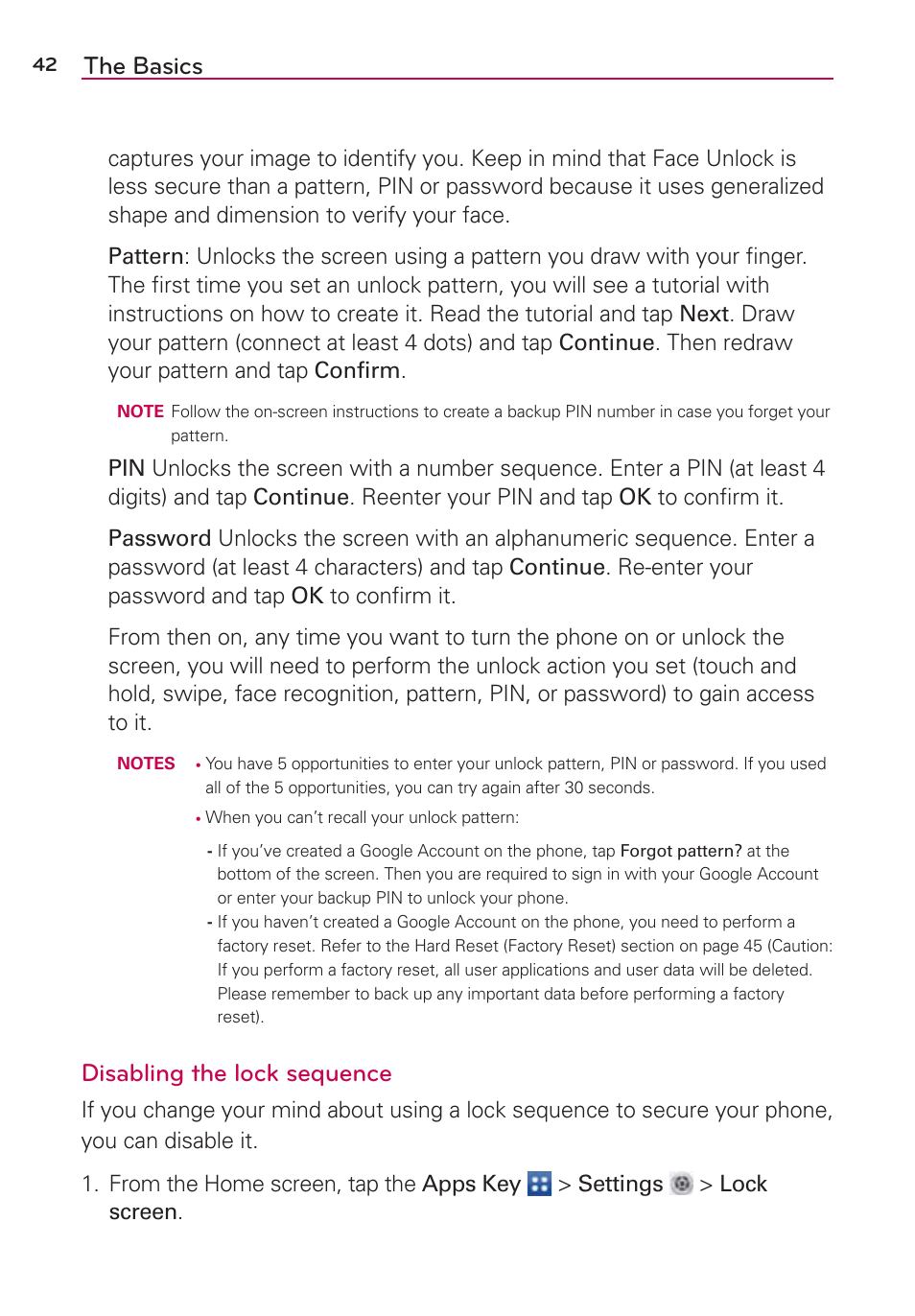 The basics, Disabling the lock sequence | LG LGVS870 User Manual | Page 44 / 223