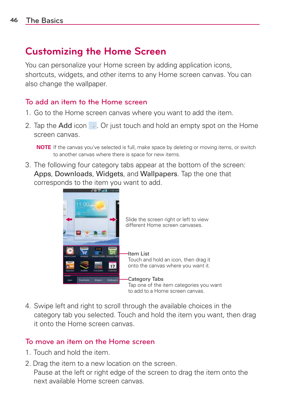 Customizing the home screen, The basics | LG LGVS870 User Manual | Page 48 / 223