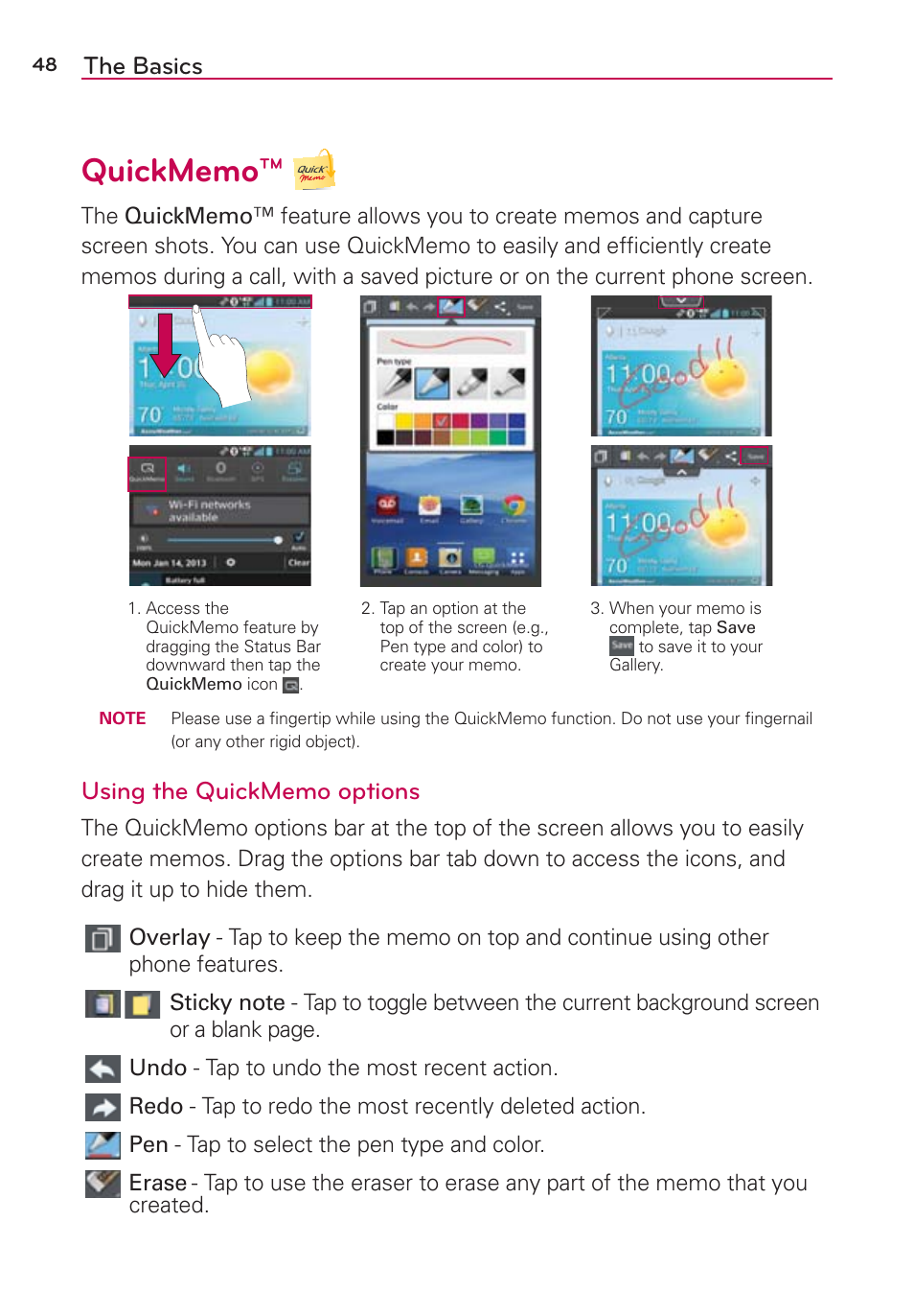Quickmemo, The basics | LG LGVS870 User Manual | Page 50 / 223