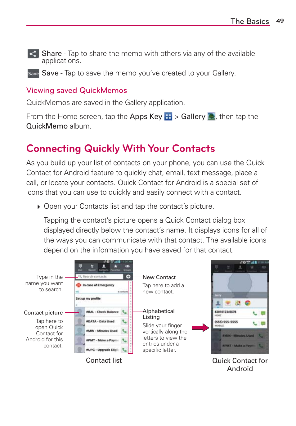 Connecting quickly with your contacts, The basics | LG LGVS870 User Manual | Page 51 / 223