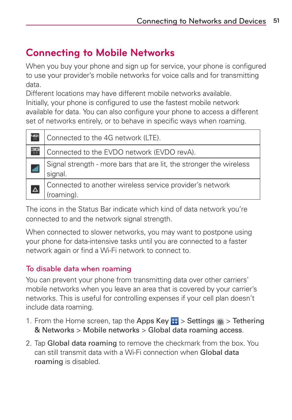 Connecting to networks and devices, Connecting to mobile networks | LG LGVS870 User Manual | Page 53 / 223