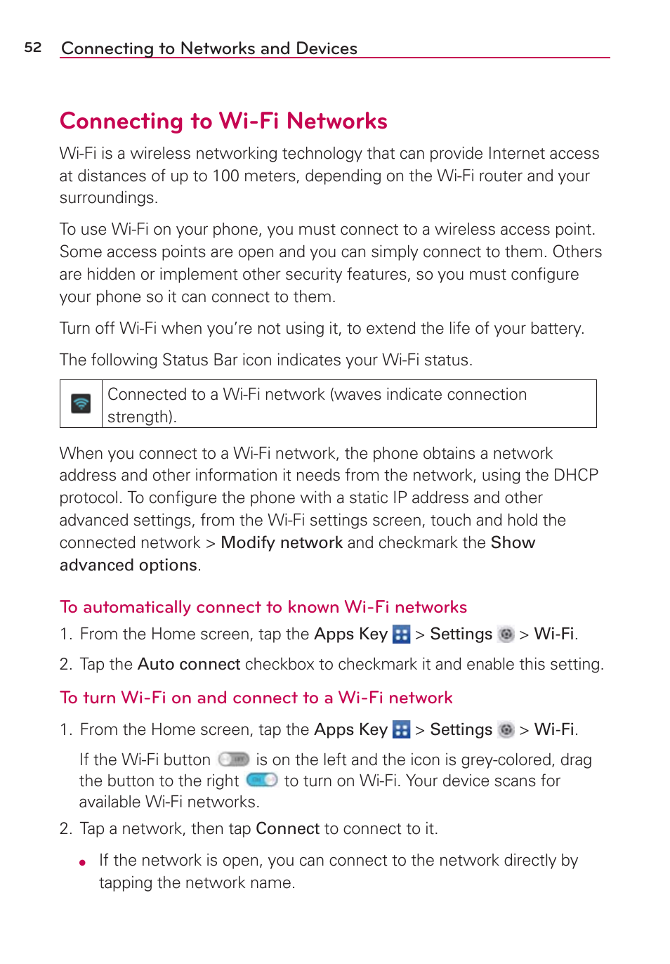 Connecting to wi-fi networks | LG LGVS870 User Manual | Page 54 / 223