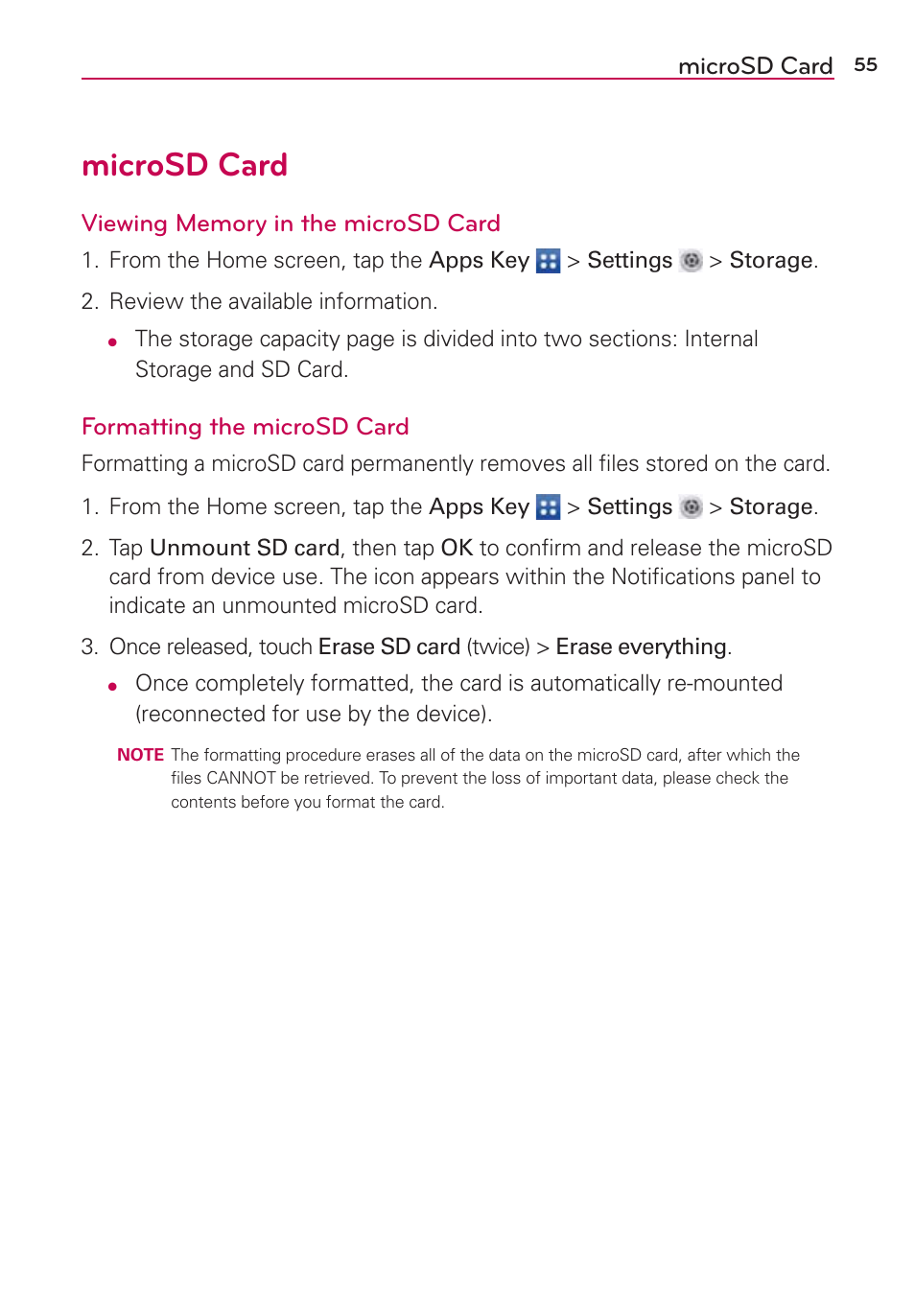 Microsd card, Formatting the microsd card | LG LGVS870 User Manual | Page 57 / 223