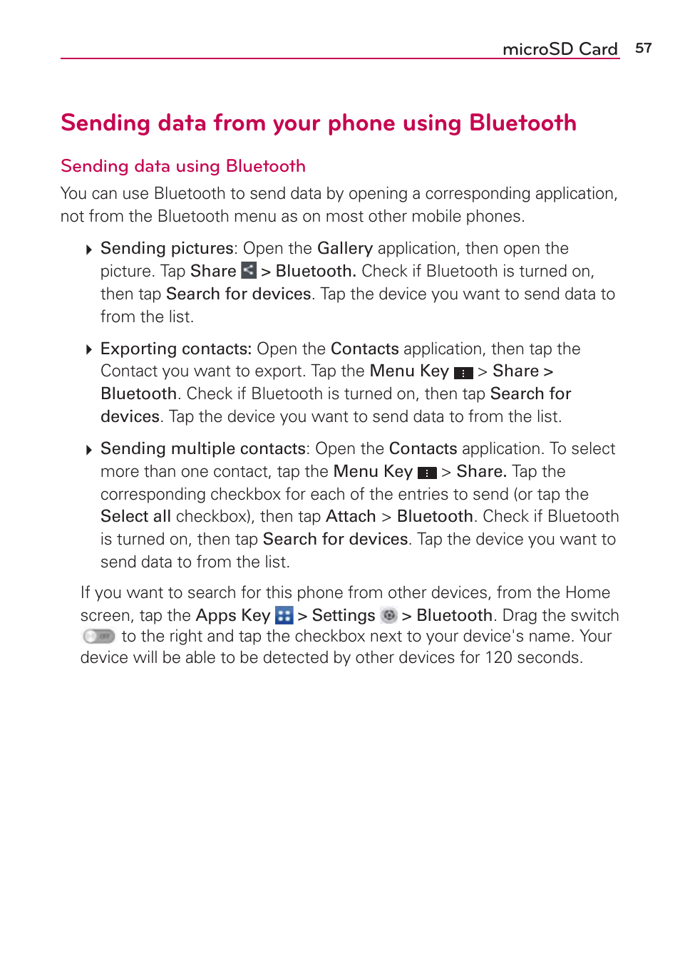 Sending data from your phone using bluetooth | LG LGVS870 User Manual | Page 59 / 223