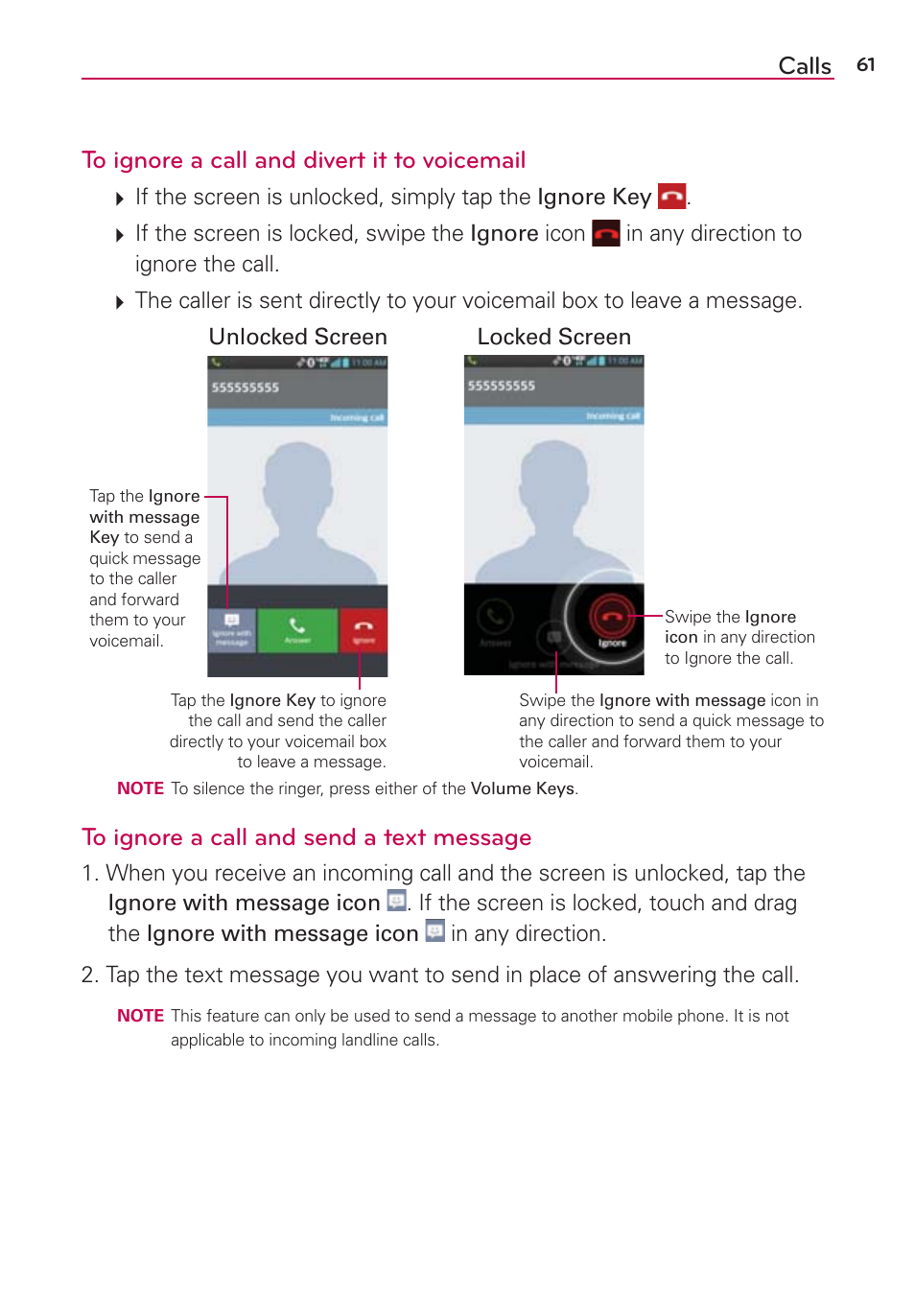 Calls to ignore a call and divert it to voicemail | LG LGVS870 User Manual | Page 63 / 223