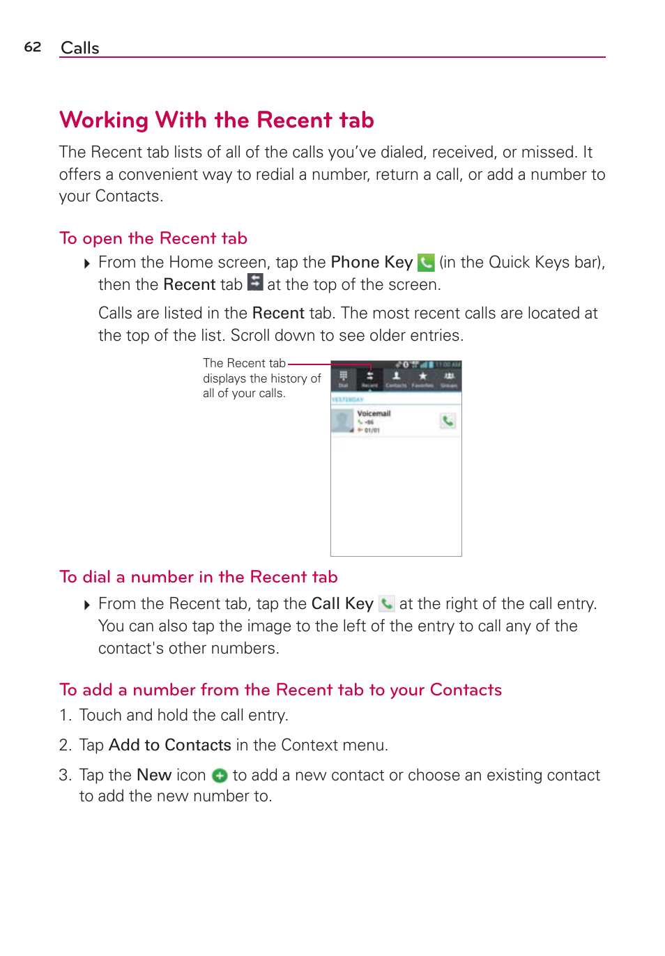 Working with the recent tab | LG LGVS870 User Manual | Page 64 / 223