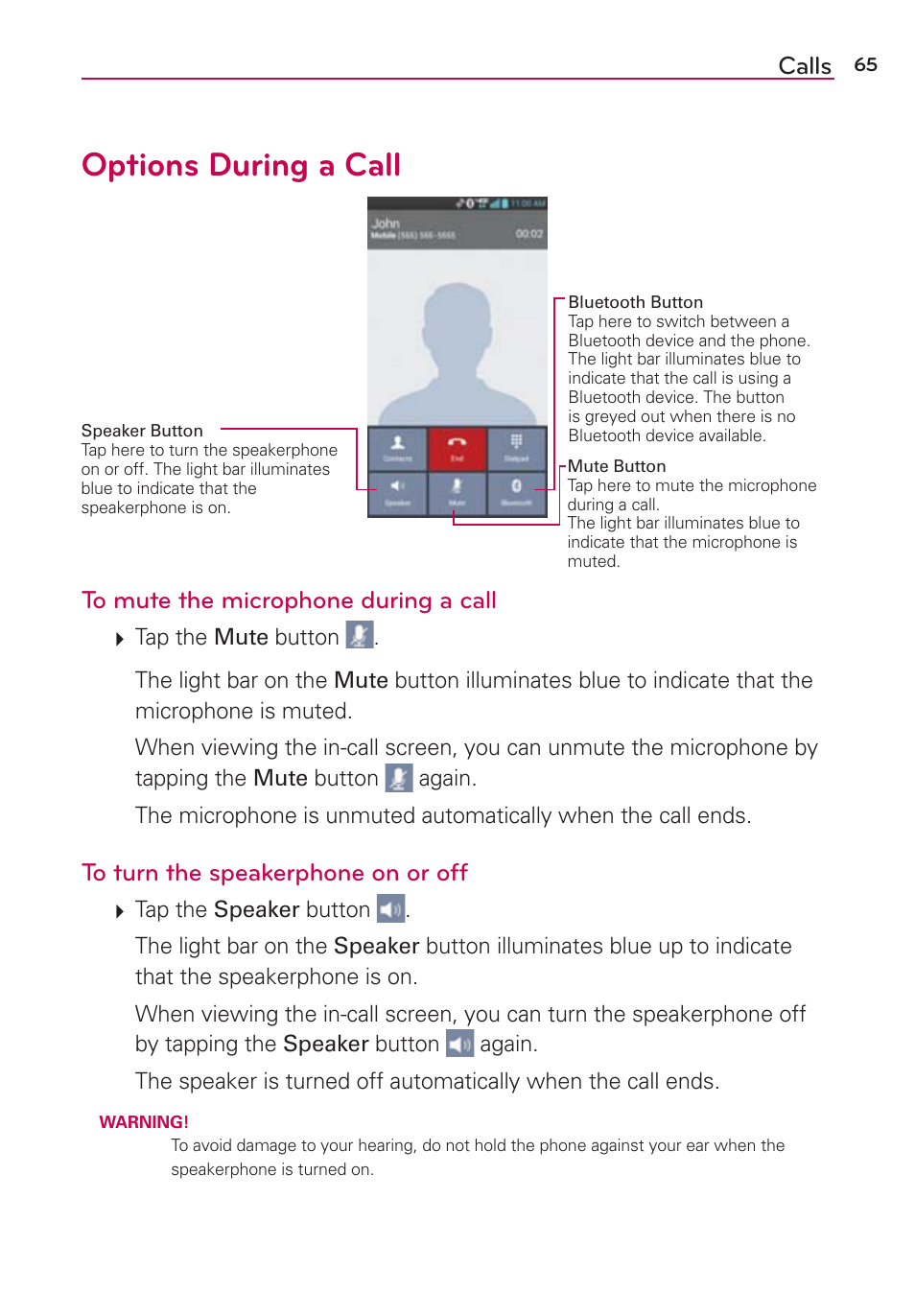 Options during a call, Calls | LG LGVS870 User Manual | Page 67 / 223