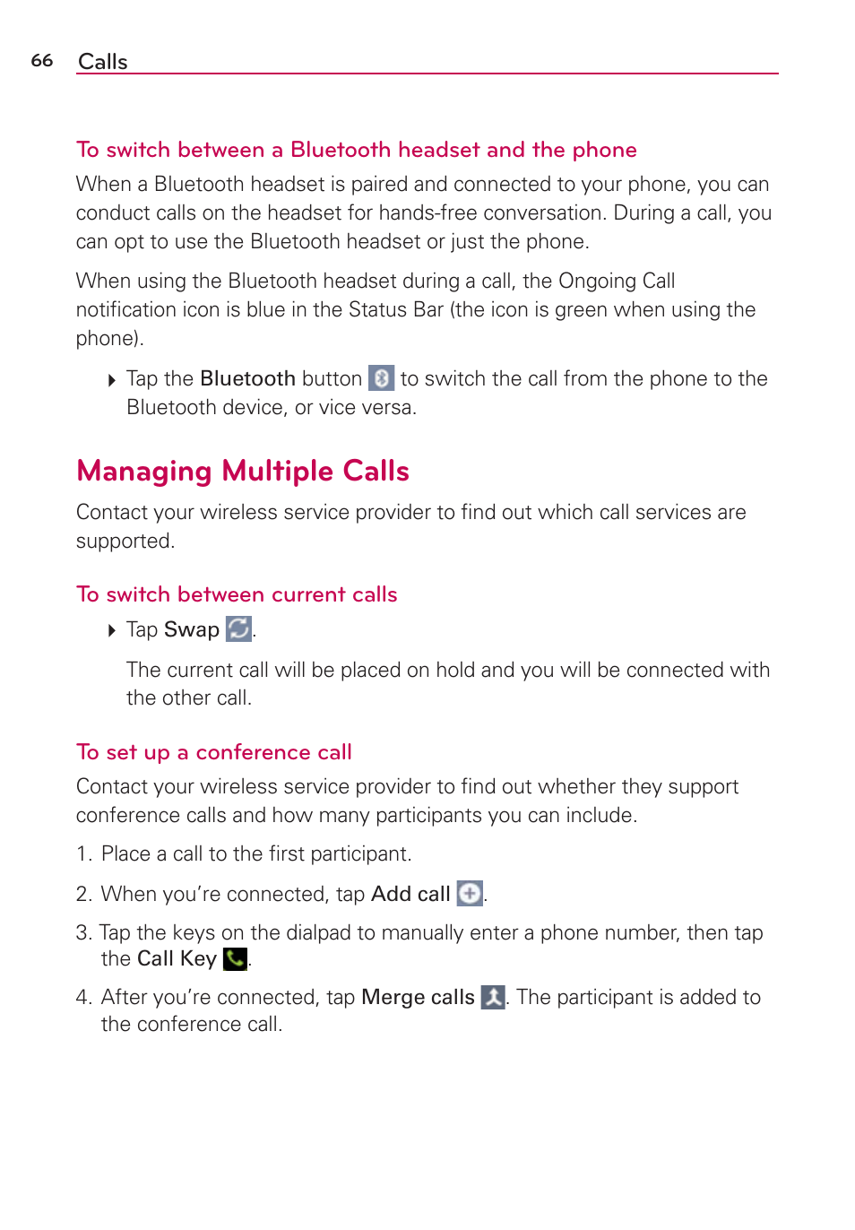 Managing multiple calls | LG LGVS870 User Manual | Page 68 / 223