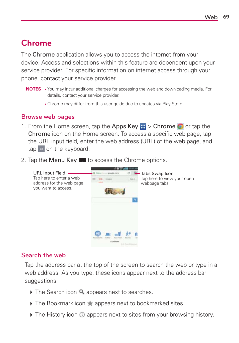 Chrome, Browse web pages, Search the web | LG LGVS870 User Manual | Page 71 / 223