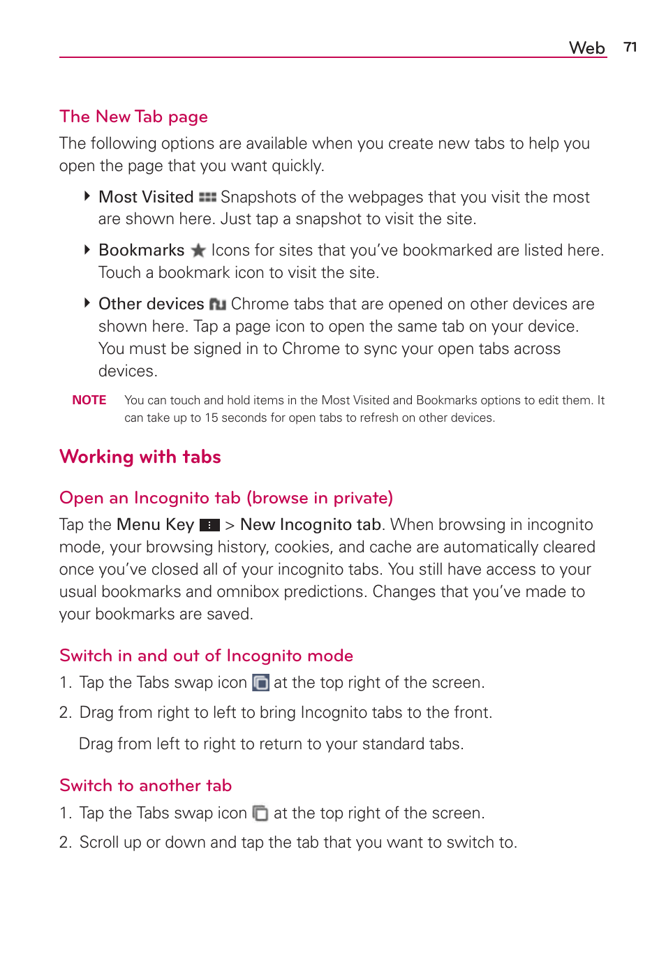 Working with tabs | LG LGVS870 User Manual | Page 73 / 223